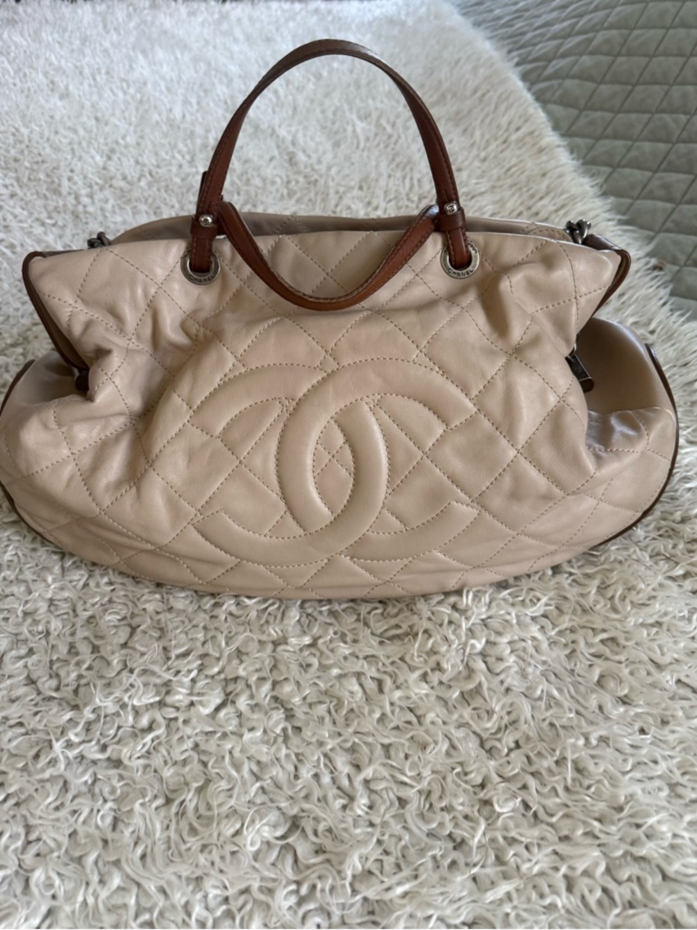 CHANEL Beige Quilted Leather Shoulder Bag with Brown Handles